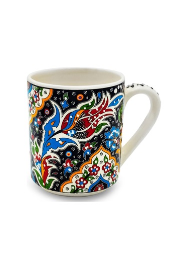 El Yapımı Seramik Kupa Organik Boya Lale Figürü Siyah