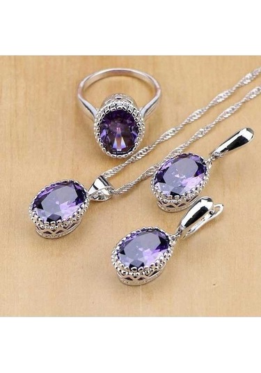 Novahub Gümüş Renk Beyaz Kristal Mor Kübik Zirkonya Takı Seti Kadınlar İçin 4 Adet, Gelin Takı Seti, Küpe, Kolye, Yüzük, 7 Halka Boyutu Mor