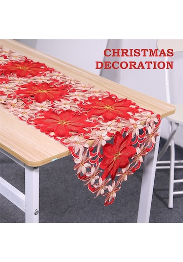 Xiaaokeji Noel İşlemeli Masa Örtüsü, Restoran Partisi İçin, 15x70 İnç Kırmızı