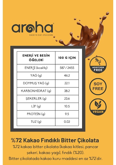 %72 Kakao Fındıklı Bitter Çikolata 100 G X 6 Adet