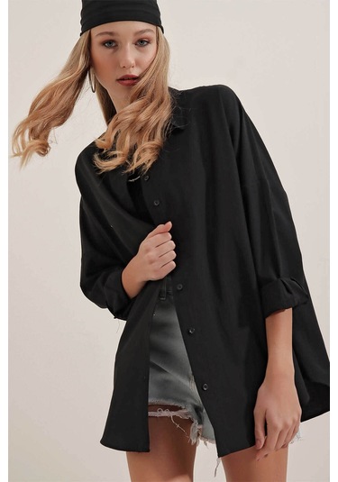 Bigdart Oversize Uzun Basic Siyah Kadın Gömlek 3900 Siyah