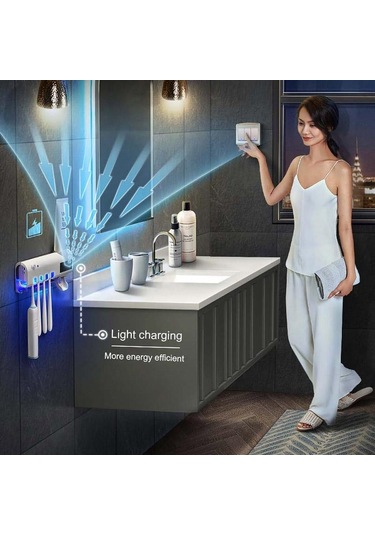 Beyaz Mengnı Güneş Enerjisi Uv Diş Fırçası Tutucu Otomatik Diş Macunu Sıkacağı Duvara Monte Diş Macunu Dispenseri Ev Banyo Aksesuarları Beyaz