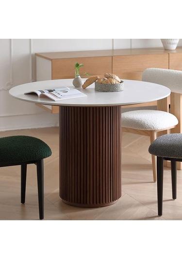 Vintage Yuvarlak Ahşap Bohem Masa 110x110 Beyaz - Ceviz