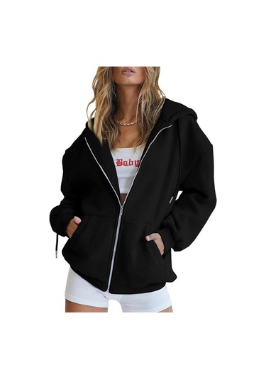 Siyah Kadın Sevimli Kapüşonlular Genç Kız Sonbahar Ceket Büyük Boy Tişörtü Cepli Günlük İpli Fermuarlı Kapüşonlu Üst Siyah
