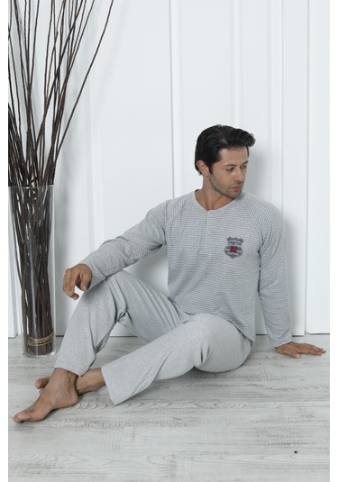 Falkom 5003 İnterlok Kalın Kışlık Çizgili Erkek Ev Pijama Takımı Gri