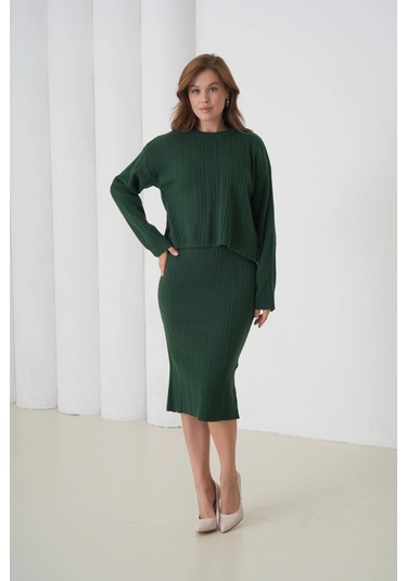 Kadın Bisiklet Yaka Dokulu Kazak Elbise İkili Triko Takım