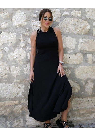 Kadın Arkadan Çapraz Detay Yuvarlak Yaka Maksi Viskon Elbise Siyah