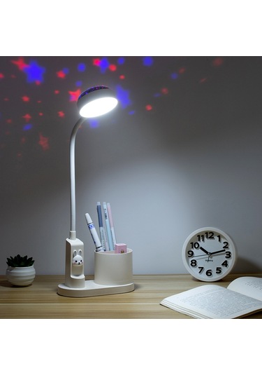 Hfambition Çalışma Masası İçin Renkli Projeksiyonlu Masa Lambası Ve Kalemlik Kombinasyonu - Pembe