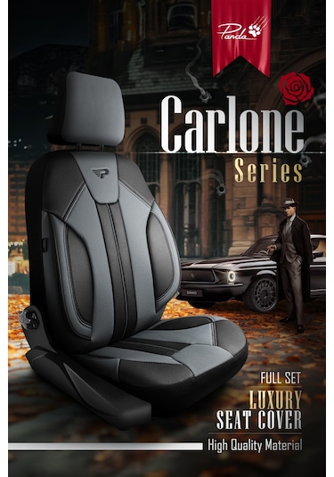 Füme - Siyah Panda Carlone Serisi Ful Deri Oto Koltuk Kılıfı - Tam Set