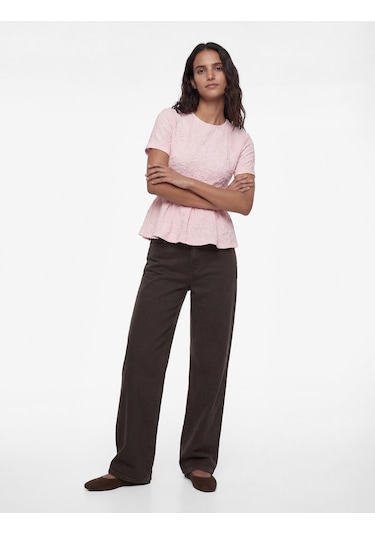 Koton Slim Fit Bisiklet Yaka Kısa Kollu Dokulu Peplum Bluz Pembe 6sak70020uk Gül