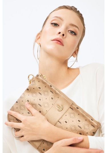 Deri Company Kadın Basic Clutch Çanta Monogram Desenli Şeritli Logolu Altın 214002 Altın - Siyah