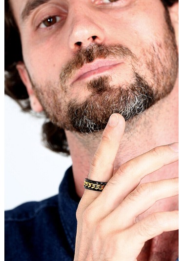 Ortası Dönebilen Zincirli Erkek Kadın Anti-stres Çelik Alyans Yüzük Cl43 Altın - Siyah