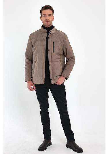 Erkek Krem Standart Fit Normal Kesim Içi Kürklü Dik Yaka Çıtçıt Detaylı Fermuarlı Kışlık Mont-Krem