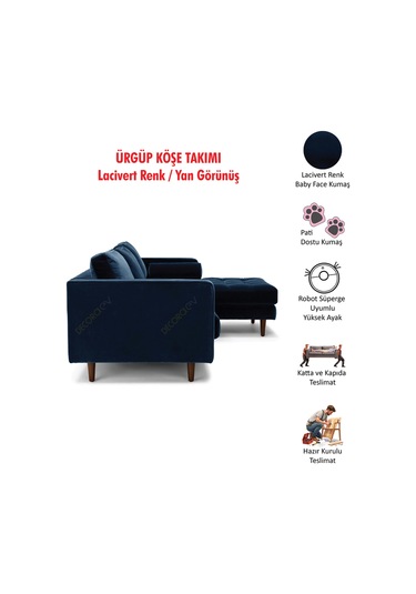 Ürgüp Lacivert Modern Köşe Koltuk Takımı Baby Face Yumuşak Kumaş Pofuduk Köşe Koltuk Sağ Köşe Lacivert