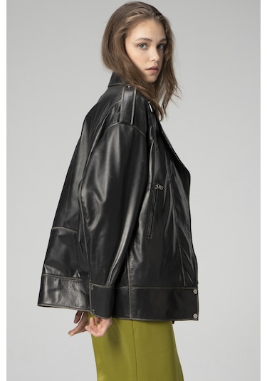 Dericlub Wm019 Oversize Biker Hakiki Deri Kadın Mont Siyah/bej Null Siyah