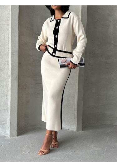 Kadın Inci Düğmeli Etekli Triko Takım Ekru