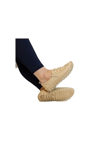 Voyager 9871 Bej Hakiki Deri Boncuklu Bayan Ayakkabı Bej