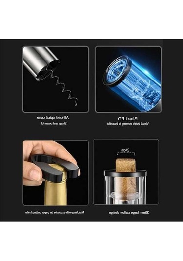 Moly 4'ü 1 Arada Elektrikli Şarap Açma Seti, Gümüş, Şarap Havalandırıcı Ve Vakum Tıpa Gümüş