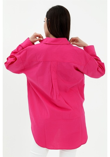 Tek Cepli Kolları Katlı Oversize Kalın Keten Gömlek - Fuşya-fuşya Fuşya