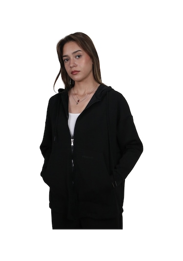 Kadın Modal Kumaş Yumuşak Dokulu Fermuarlı Rahat Kalıp Siyah Kapüşonlu Ceket Hırka Siyah