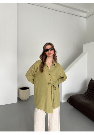 Haki %100 Pamuk Çapraz Düğmeli Beli Kemerli Gömlek Haki