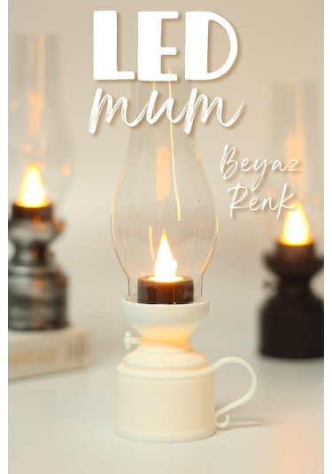 Led Mum Vintage Retro Gaz Lambası Tip Dumansız Pilli Alevli Dekoratif Yapay Mum Işıldak Beyaz 1037-5 Beyaz