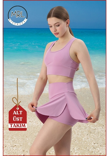Kadın Alt-üst Takım Şort & Sabit Pedli Üst Crop Denizde Havuzda Sporda Swimsuit Lila Rengi Takım3107 Lila