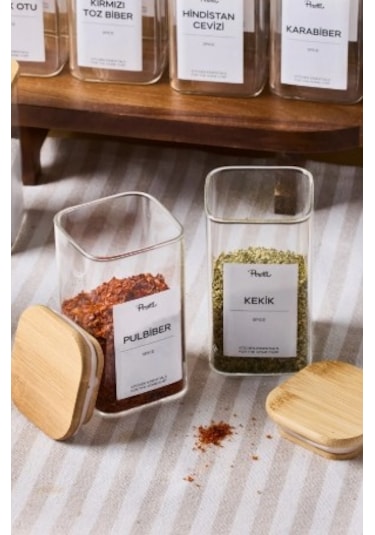 Gildo 12'li Bambu Kapak Borosilikat Cam Baharatlık 250ml 10x6cm+30etiket 16530 Şeffaf