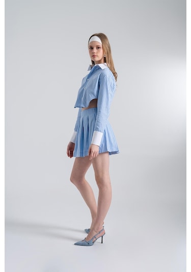 Holly Lolly Çizgili Pilili Mini Harmony Poplin Etek Mavi