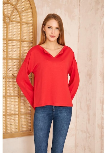 Kadın Ekstra Uzun Duble Kol / Yakası Yırtmaçlı Salaş Sweatshirt Bluz 3470190 Kırmızı