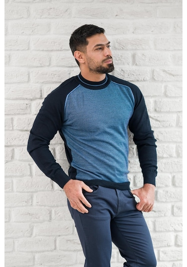 San&fa Yarım Balıkçı Desenli Slimfit Yünlü Triko Kazak Lacivert