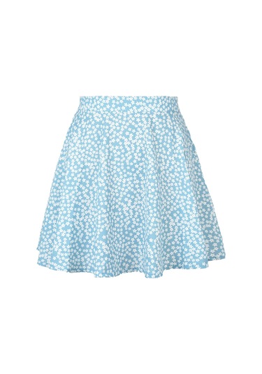 Kadın Çiçekli Yüksek Bel Fermuarlı Şifon Baskılı Kısa Halter Etek Mavi