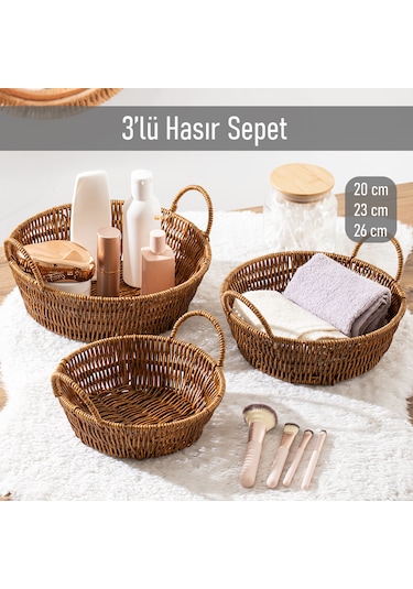 Porsima 304c 3 Lü Düzenleyici Hasır Sepet Seti Ekmeklik Sepet