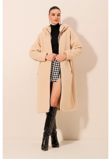 Bigdart9132 Kapüşonlu Peluş Kaban - Krem 001