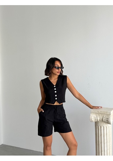 Kadın Keten Yelek Şort Alt Üst Takım Siyah