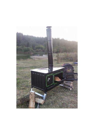 Yeşil Çadır Sobası Kuzineli Fırınlı Taşınabilir Kamp Sobası Yeşil