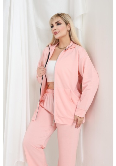 Kadın Büyük Beden Fermuarlı Uzun Kollu Rahat Günlük Eşofman Takım Pudra Pembe