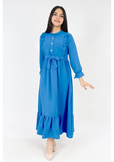 Kiz Cocuk Uzun Elbise Aerobin Keten Kumaş Tesettüre Uygun Uzun Boydan Elbise İndigo Mavi