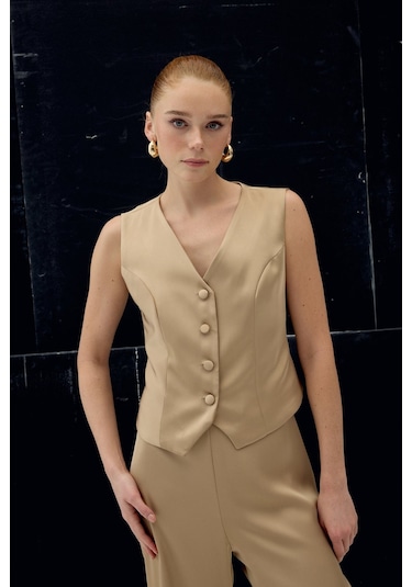 Sateen Klasik Düz Yelek - Camel-137031 CAMEL
