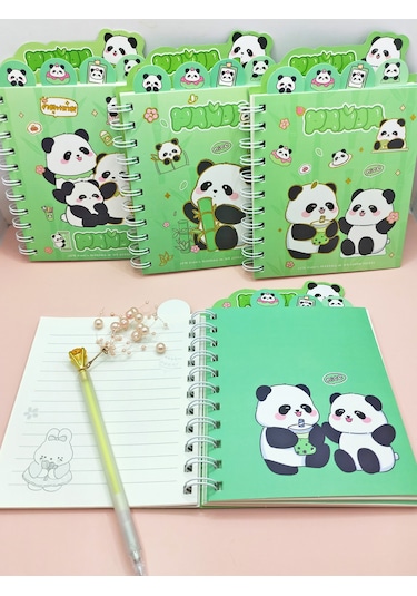 Sevimli Panda Ayraçlı A5 Not Defteri 14x18 Cm - Panda Ailesi Yeşil