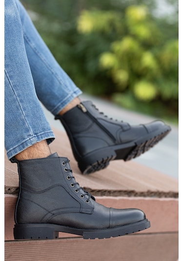 Garantili D4002 Hakiki Deri Soğuk Geçiremez Kışlık Erkek Bot Siyah