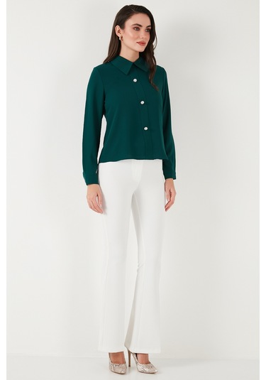 Lela Taşlı Regular Fit Gömlek Yaka Fermuarlı Bayan Bluz 611Bz0493 Zümrüt