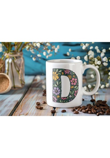 D Baş Harf Çiçek Desenleri İle Natural Tarz Kupa Bardak - Kişiye Özel Çiçekli Kahve Çay Bardak - Beyaz