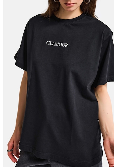 Itsbasic Kadın Siyah S6-1 Oversize Glamour Baskılı %100 Koton T-shirt