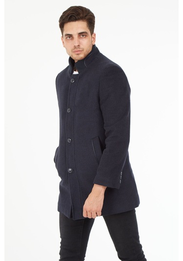 Sposo 1739 Düğmeli Hakim Yaka Yünlü Kaşe Lacivert Erkek Kaban Lacivert Melanj