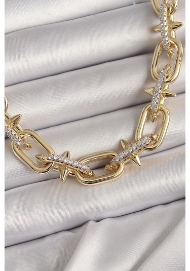 Pirinç Gold Renk Zirkon Taşlı Dikenli Halka Model Vıp Exculusive Seri Kadın Kolye Çok renkli