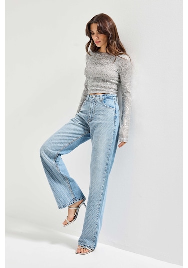 Itsbasic Kadın Kot Rengi Doris T34s527 Parlak Taşlı Tasarım Straight Fit Denim Jean Taşlı Kot Rengi