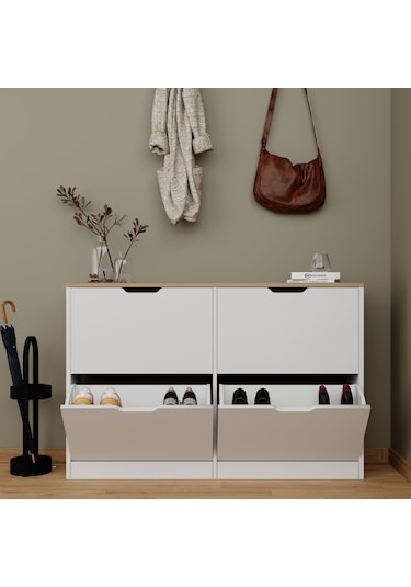 İsan Düşer Kapak 4 Bölmeli Ayakkabılık Beyaz-ceviz 120 Cm Ceviz - Beyaz