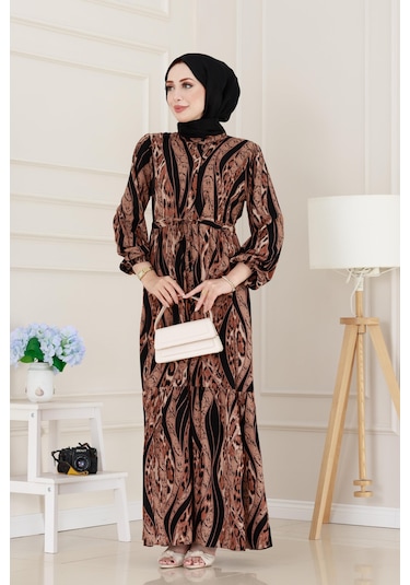 Sevitli Leopar Desenli Beli Tünelli Viscon Elbise-siyah-5086 Siyah