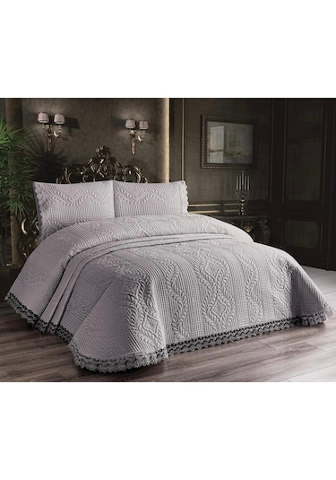 Güpürlü Mikrofiber Yatak Örtüsü Seti Gri Yatak Örtüsü 250
